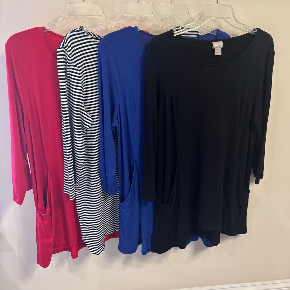 Chico's NWT Bundle of 4 Women's LS in Red, Black/White Stripe Royal Blue,& Black
